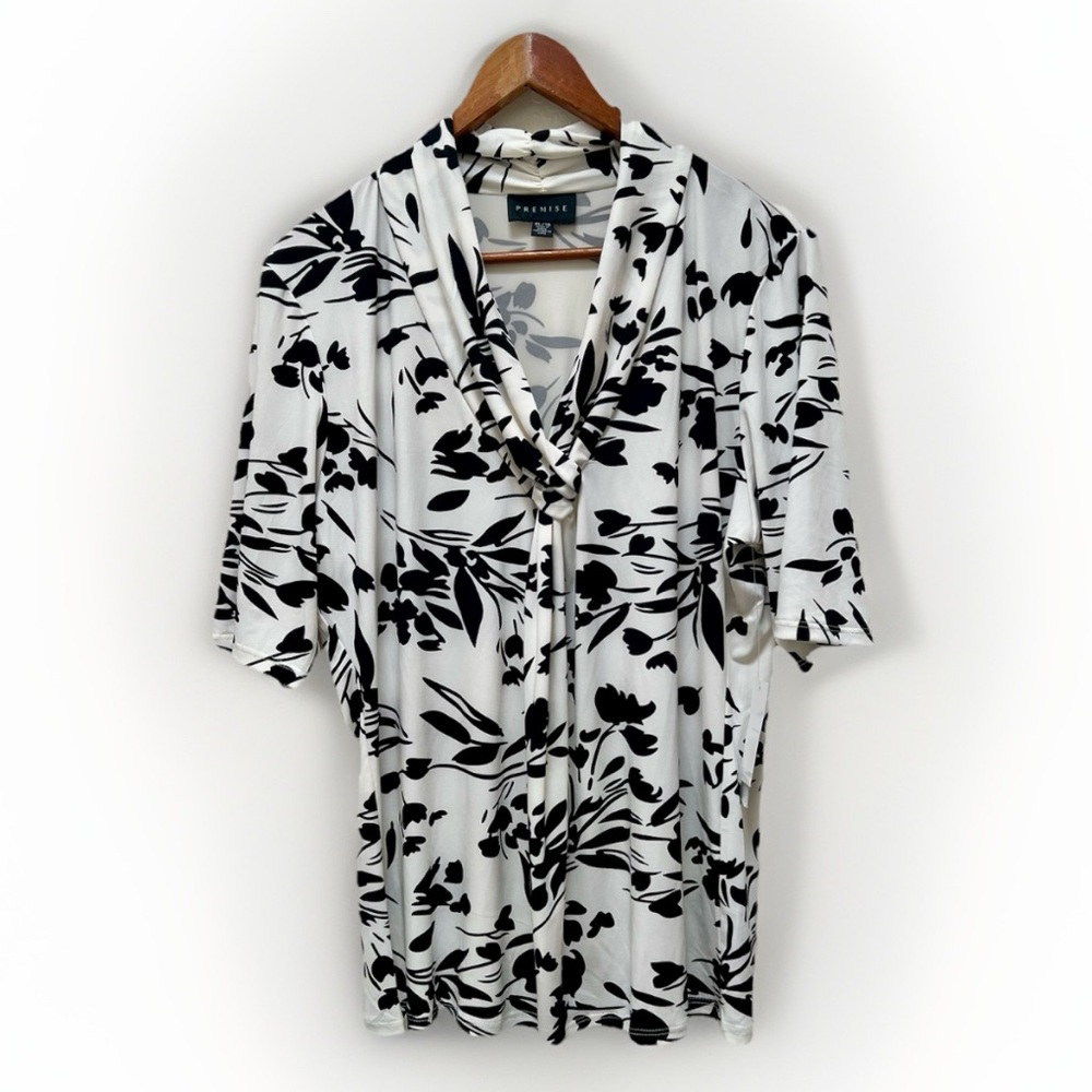 Premise Women's XL Floral Print Designer Top Blouse Ivory Black NWT